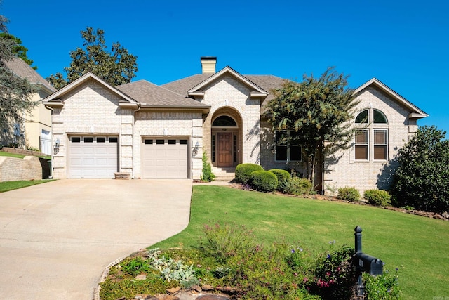 view of front facade with a front lawn and a garage