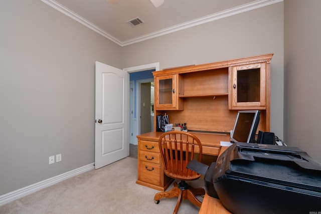 office space featuring light carpet, ornamental molding, and ceiling fan