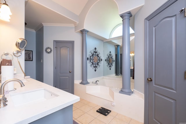 bathroom with vanity, crown molding, decorative columns, and tile patterned floors