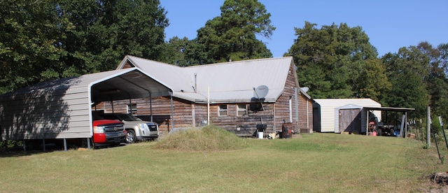 view of property exterior with a lawn and a carport