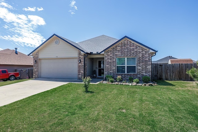 single story home with a front lawn and a garage