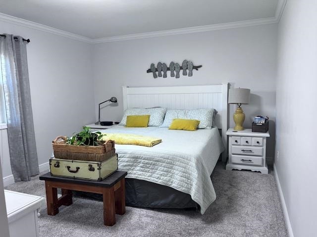 bedroom with carpet floors and ornamental molding