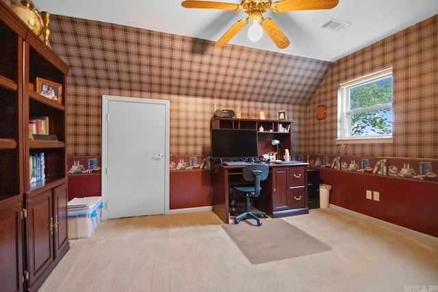 carpeted home office with ceiling fan