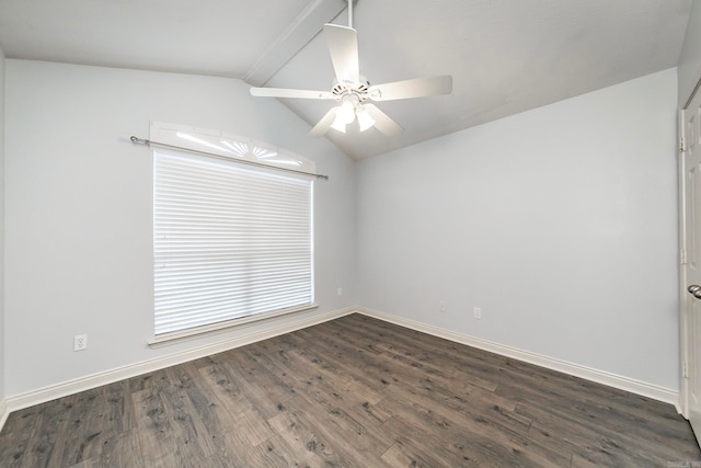 empty room featuring ceiling fan, vaulted ceiling with beams, and dark hardwood / wood-style floors