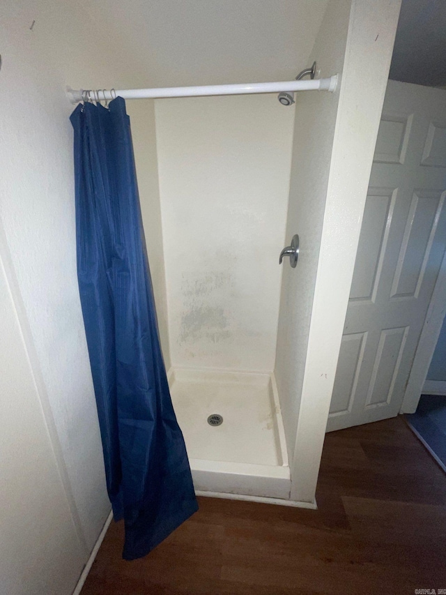 bathroom with wood-type flooring and a shower with curtain