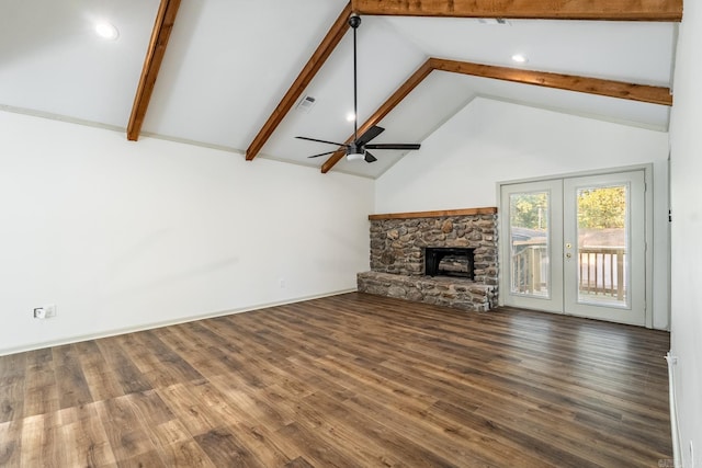 unfurnished living room featuring high vaulted ceiling, ceiling fan, french doors, and dark hardwood / wood-style floors