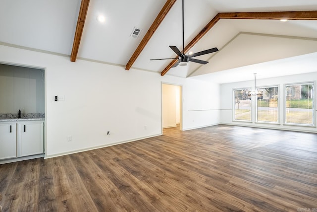 unfurnished living room with beamed ceiling, sink, dark wood-type flooring, high vaulted ceiling, and ceiling fan with notable chandelier