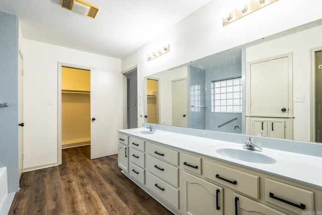 bathroom featuring vanity and hardwood / wood-style flooring