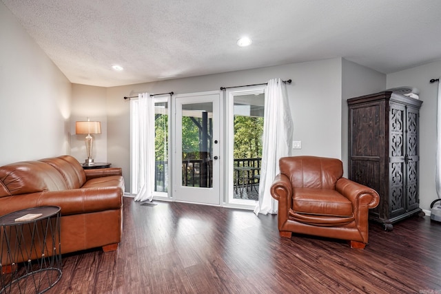 living area with dark wood-type flooring and a textured ceiling