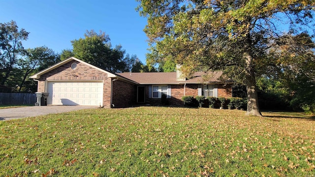 ranch-style home featuring a garage and a front lawn