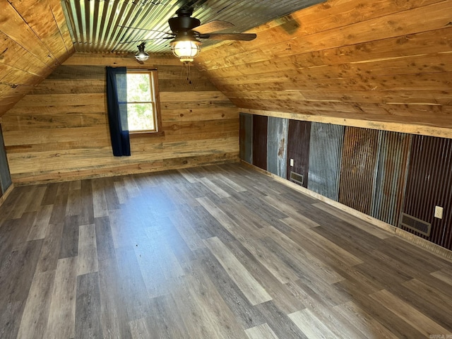bonus room featuring ceiling fan, wooden ceiling, wood finished floors, wood walls, and lofted ceiling