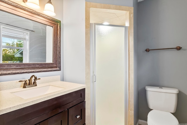 bathroom with vanity, toilet, and a shower with shower door