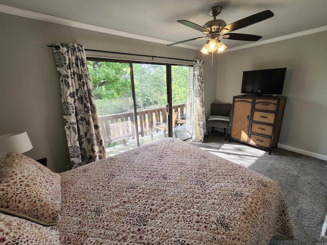 carpeted bedroom with ornamental molding, access to exterior, and ceiling fan