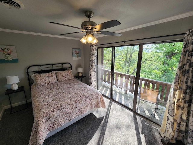 bedroom featuring carpet floors, crown molding, access to exterior, and ceiling fan