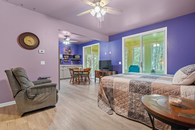 bedroom with light hardwood / wood-style floors and ceiling fan