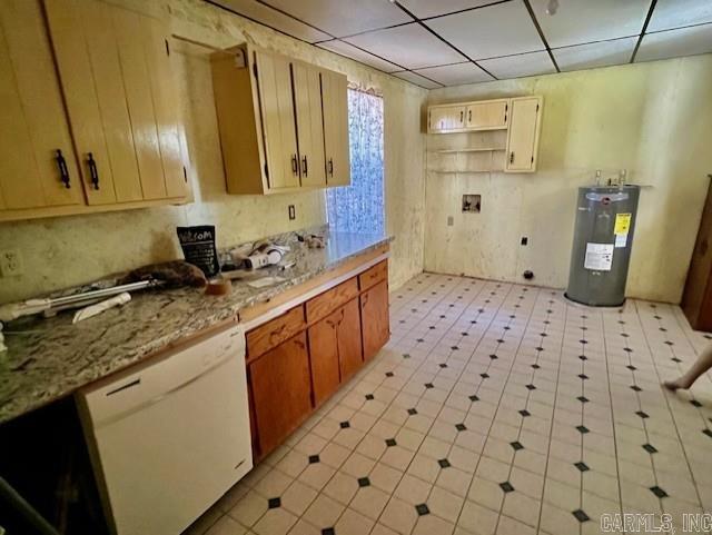 kitchen featuring a paneled ceiling, dishwasher, and electric water heater