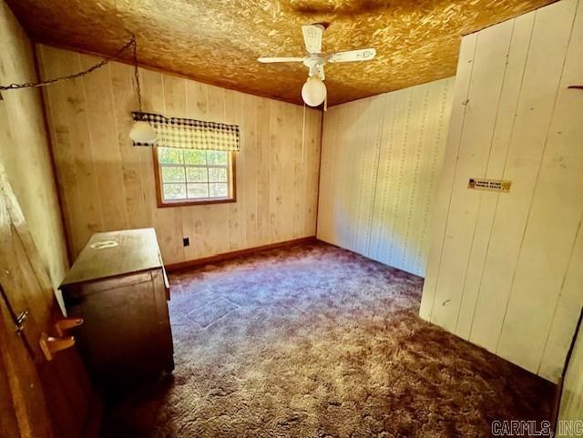 carpeted empty room featuring ceiling fan and wooden walls