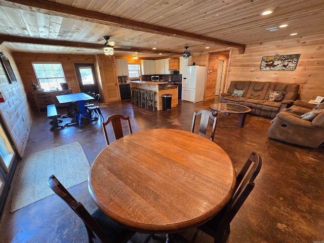 dining space featuring ceiling fan, beam ceiling, wood walls, and wood ceiling