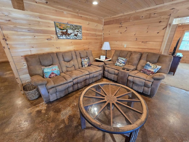 3189 Brownsville Rd, Greers Ferry, AR 72067 - living area with wooden walls, finished concrete floors, wood ceiling, and recessed lighting
