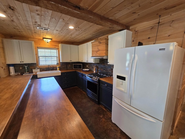 3189 Brownsville Rd, Greers Ferry, AR 72067 - kitchen featuring appliances with stainless steel finishes, under cabinet range hood, white cabinets, backsplash, and wooden ceiling