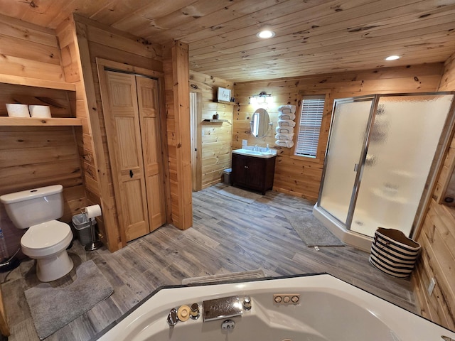 3189 Brownsville Rd, Greers Ferry, AR 72067 - bathroom with a stall shower, vanity, toilet, a jetted tub, and wooden ceiling