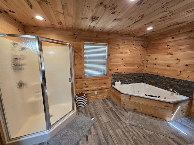 3189 Brownsville Rd, Greers Ferry, AR 72067 - full bathroom featuring wood finished floors, a shower stall, a jetted tub, wooden ceiling, and recessed lighting