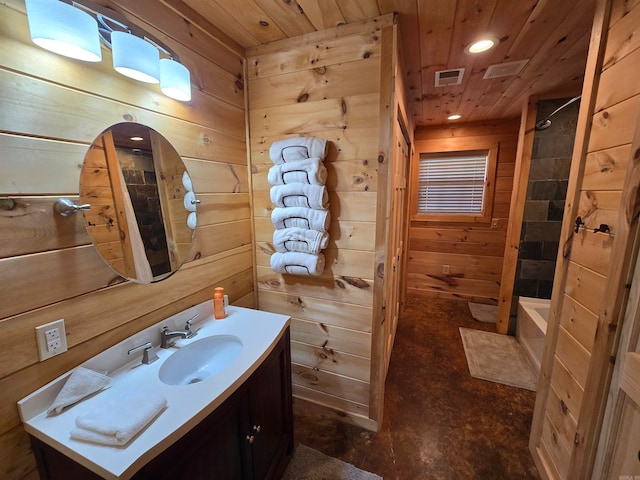 bathroom featuring wood walls, shower / tub combination, wood ceiling, and vanity