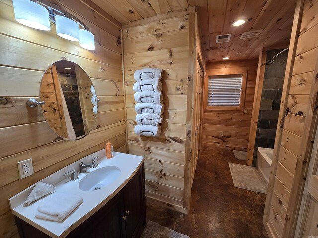 3189 Brownsville Rd, Greers Ferry, AR 72067 - bathroom featuring wooden walls, vanity, bathing tub / shower combination, wood ceiling, and concrete flooring
