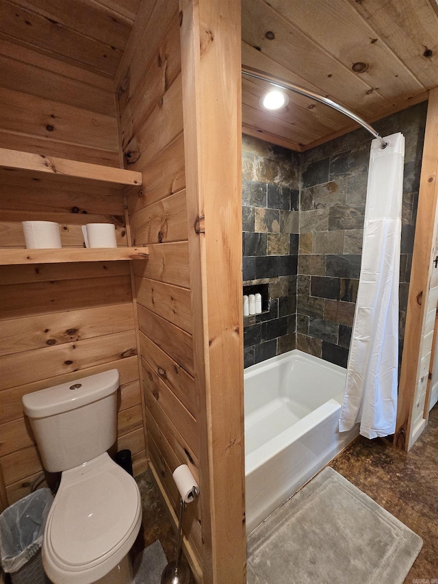 3189 Brownsville Rd, Greers Ferry, AR 72067 - full bath featuring toilet, shower / tub combo with curtain, and wooden ceiling