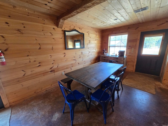 unfurnished dining area featuring wood walls and wooden ceiling