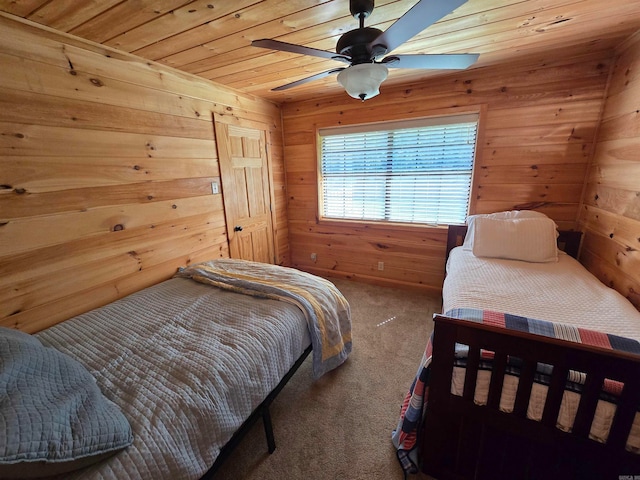 bedroom featuring wood walls, wooden ceiling, and ceiling fan