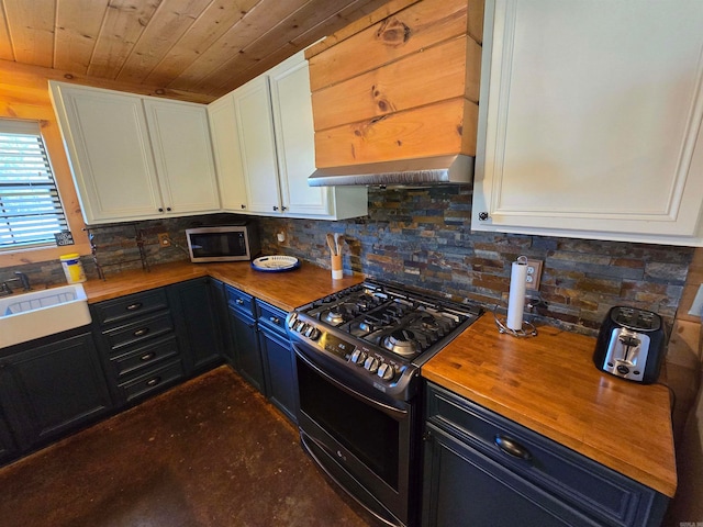 kitchen with stainless steel appliances, wooden counters, ventilation hood, white cabinetry, and backsplash