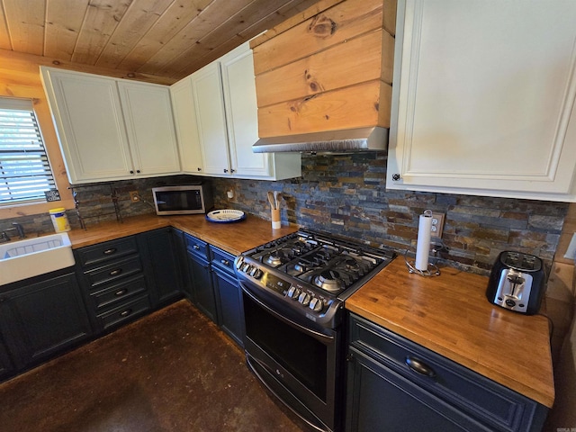 3189 Brownsville Rd, Greers Ferry, AR 72067 - kitchen with wood counters, stainless steel appliances, wood ceiling, white cabinetry, and under cabinet range hood