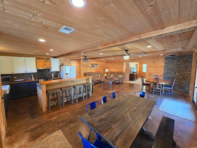 dining area featuring ceiling fan, wood walls, beam ceiling, and wooden ceiling