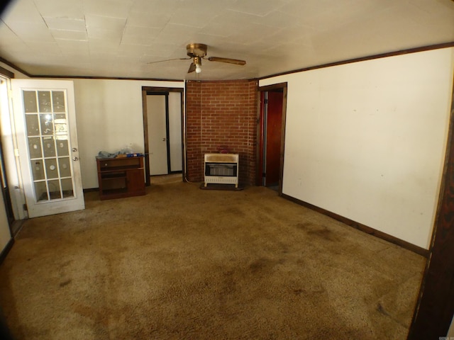 interior space with a ceiling fan, heating unit, and a fireplace