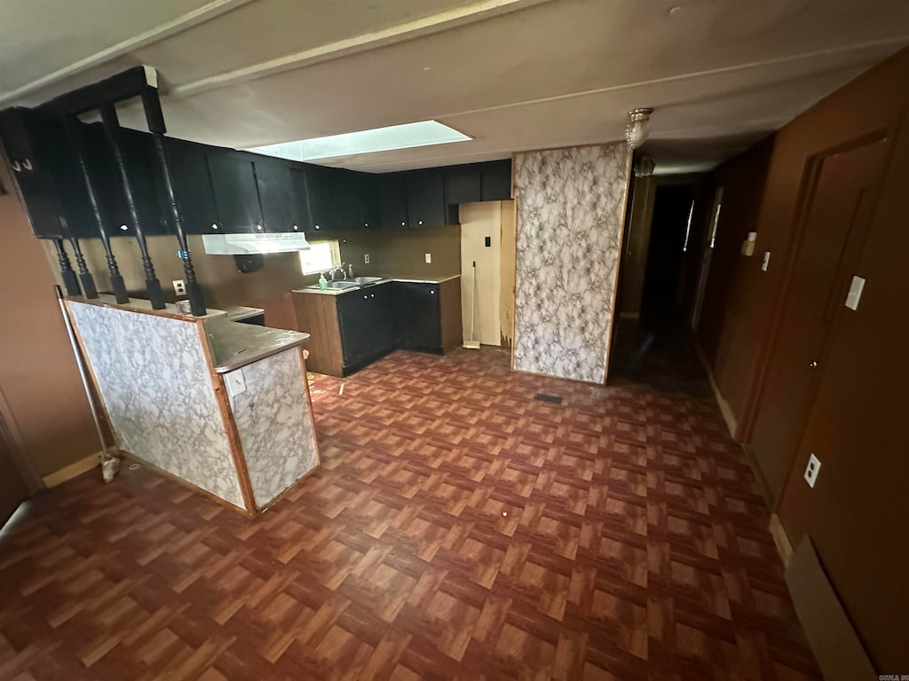 kitchen with sink, dark parquet flooring, and range hood