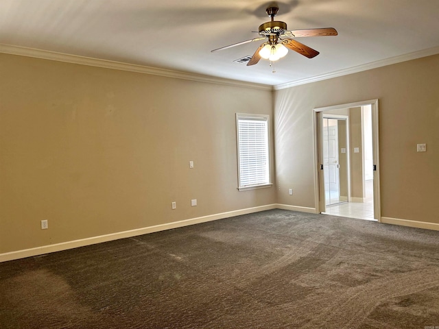 carpeted spare room with crown molding and ceiling fan