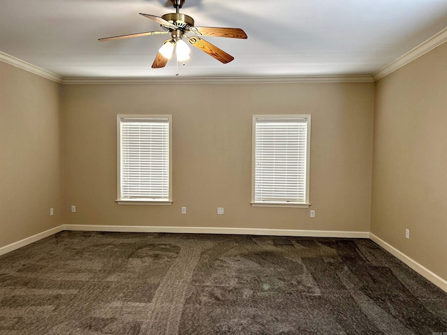 carpeted empty room with ceiling fan and ornamental molding