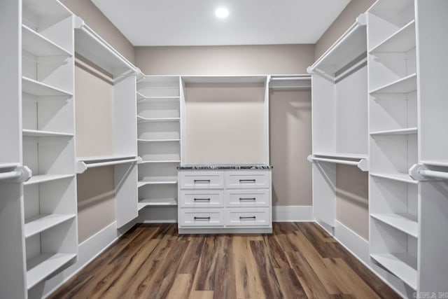 spacious closet with dark wood-type flooring