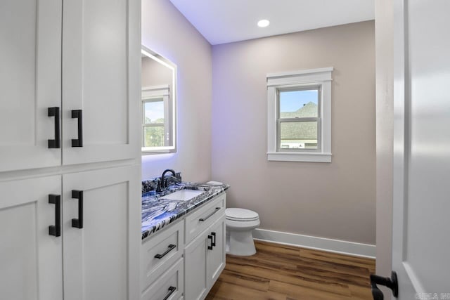 bathroom with wood-type flooring, vanity, and toilet