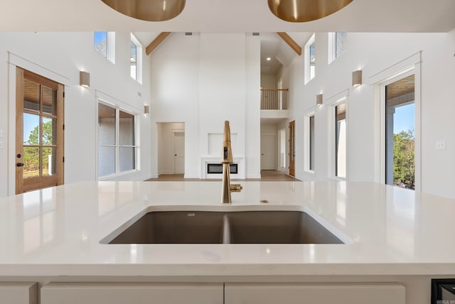 kitchen featuring sink and high vaulted ceiling