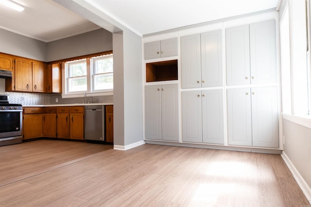 kitchen featuring stainless steel appliances, tasteful backsplash, light hardwood / wood-style flooring, and sink