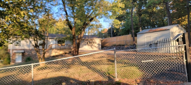 exterior space with a shed