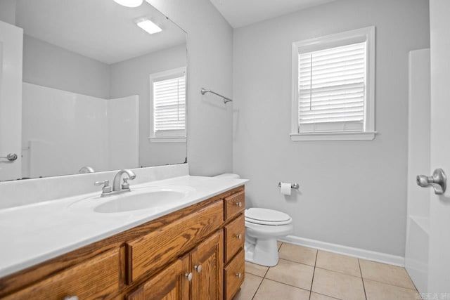 full bathroom with vanity, separate shower and tub, toilet, and tile patterned floors