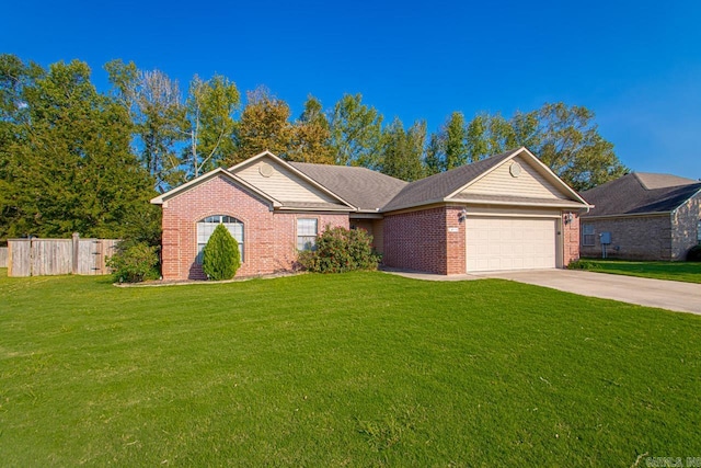 ranch-style home featuring a garage and a front lawn