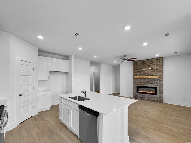 kitchen with sink, stainless steel appliances, white cabinets, and a center island with sink