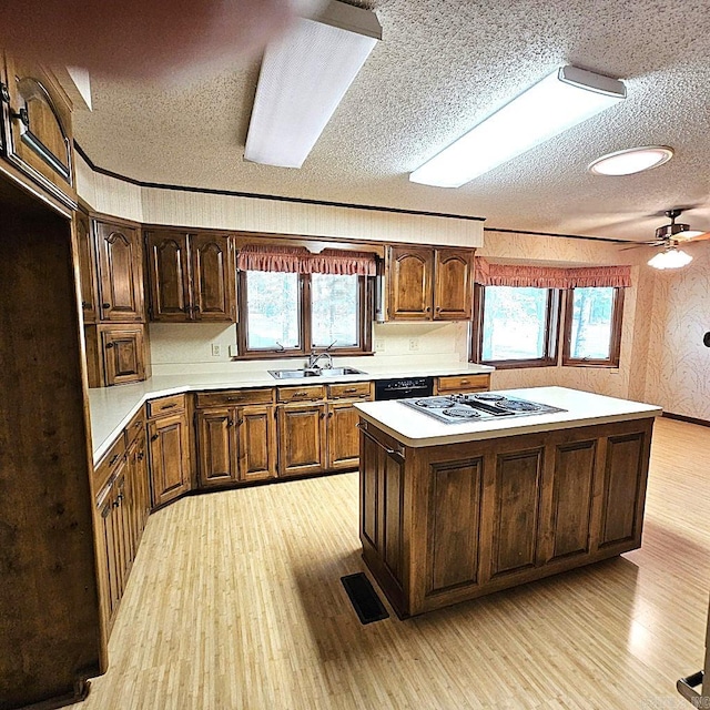 kitchen featuring light hardwood / wood-style flooring, plenty of natural light, sink, and a center island