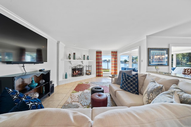 tiled living room with a brick fireplace and ornamental molding