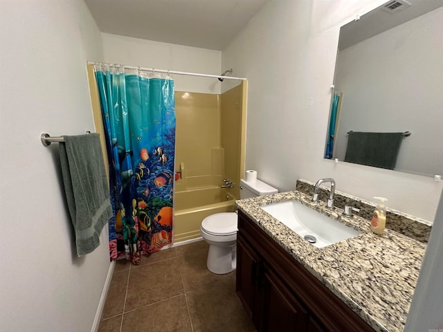 full bathroom featuring shower / bath combination with curtain, tile patterned floors, vanity, and toilet