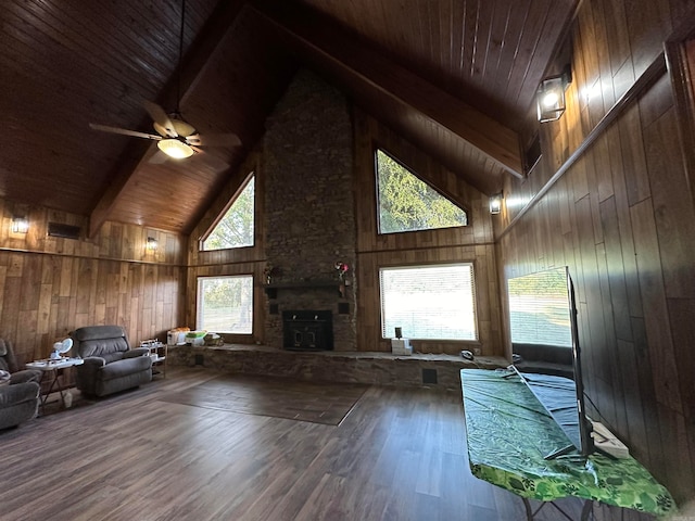 unfurnished living room with wooden ceiling, high vaulted ceiling, hardwood / wood-style flooring, and ceiling fan